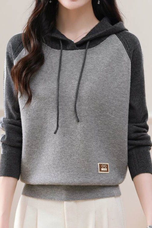 Farbenblock Loose Kapuzenstrickoberteil