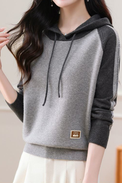 Farbenblock Loose Kapuzenstrickoberteil