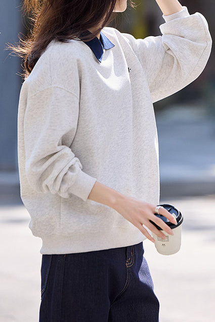 Lässiger Polo-Kragen Bestickter Buchstaben Pullover Sweatshirt