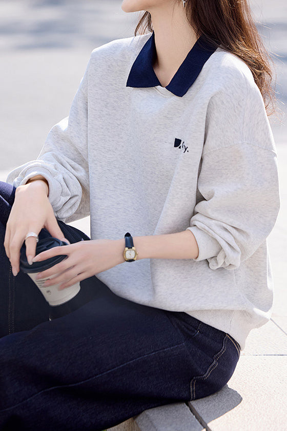 Lässiger Polo-Kragen Bestickter Buchstaben Pullover Sweatshirt