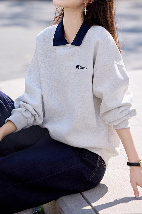 Lässiger Polo-Kragen Bestickter Buchstaben Pullover Sweatshirt