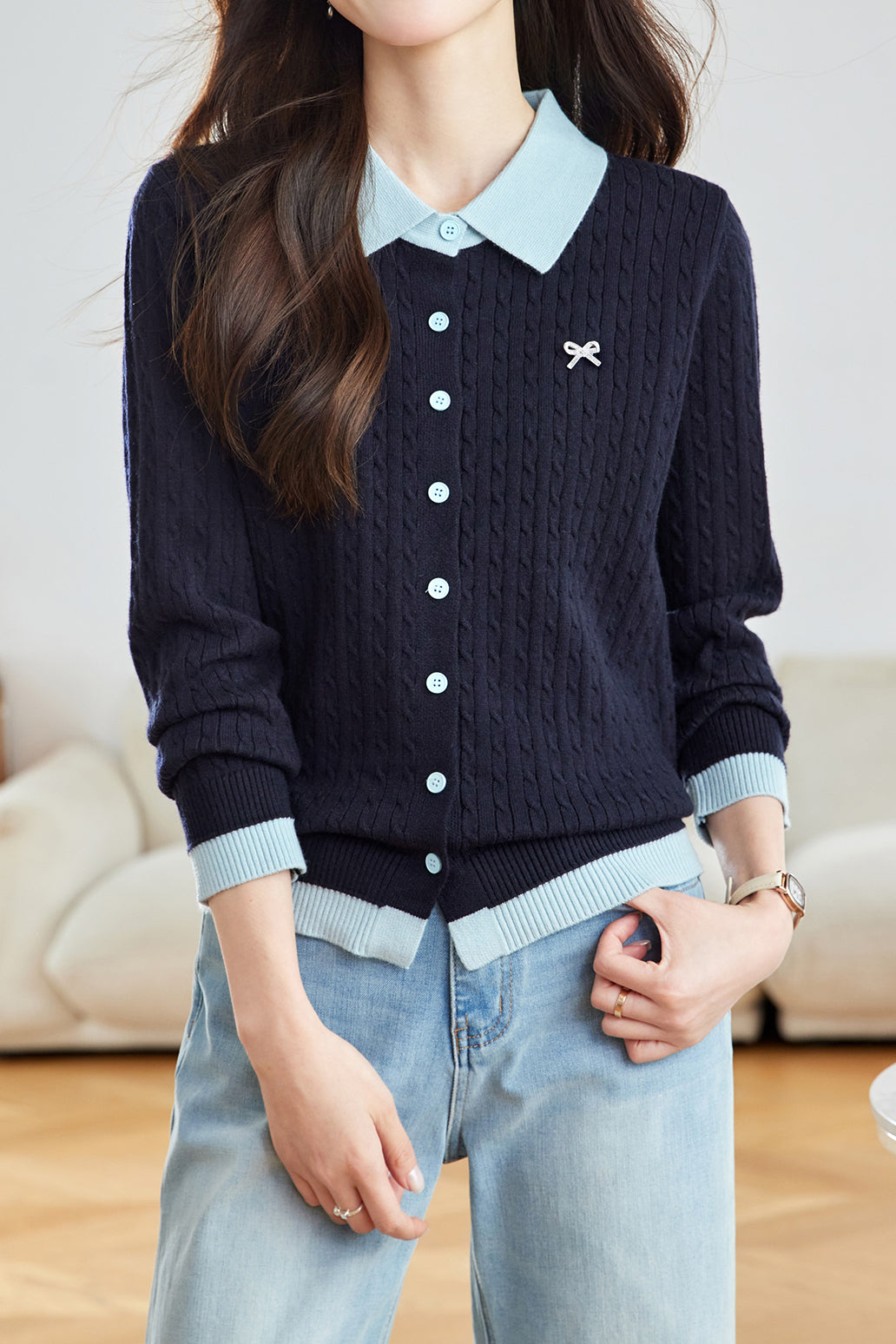 Lässiger Farbblock-Kragen Kabelstrick-Cardigan