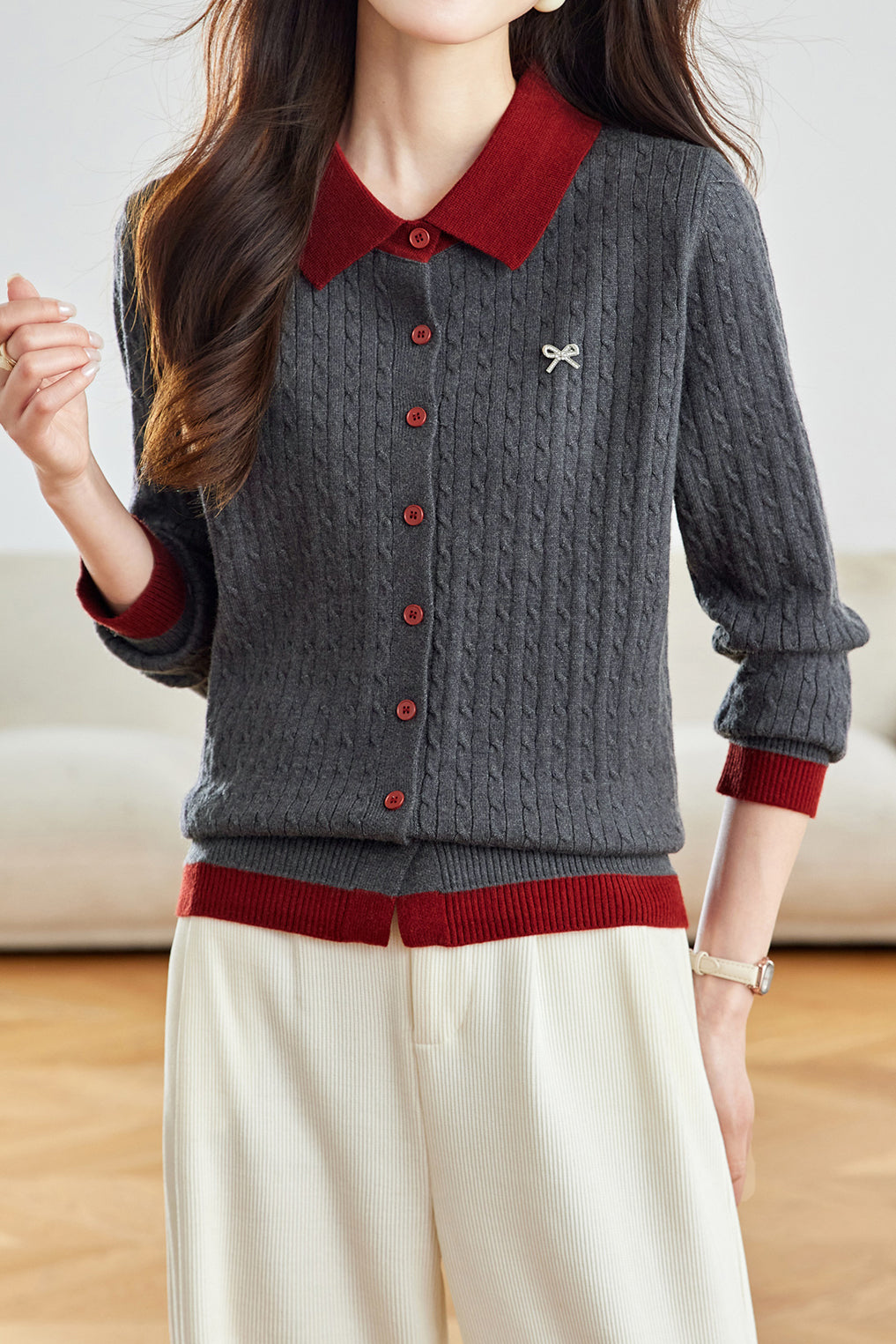 Lässiger Farbblock-Kragen Kabelstrick-Cardigan