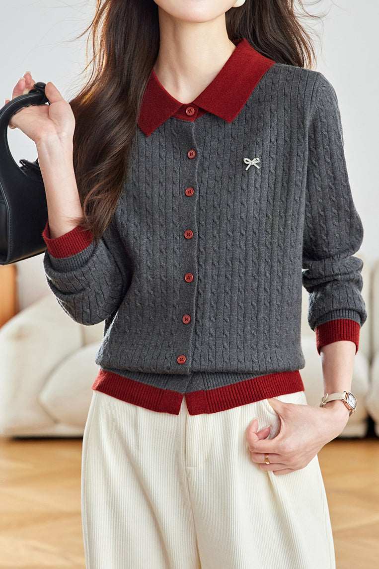 Lässiger Farbblock-Kragen Kabelstrick-Cardigan