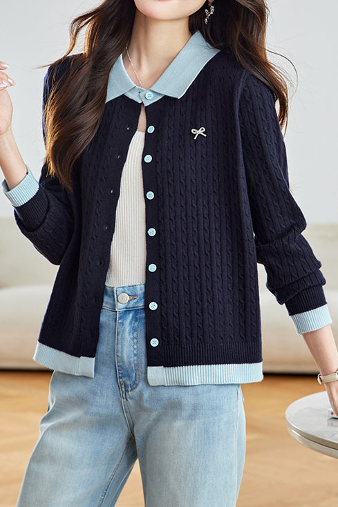 Lässiger Farbblock-Kragen Kabelstrick-Cardigan