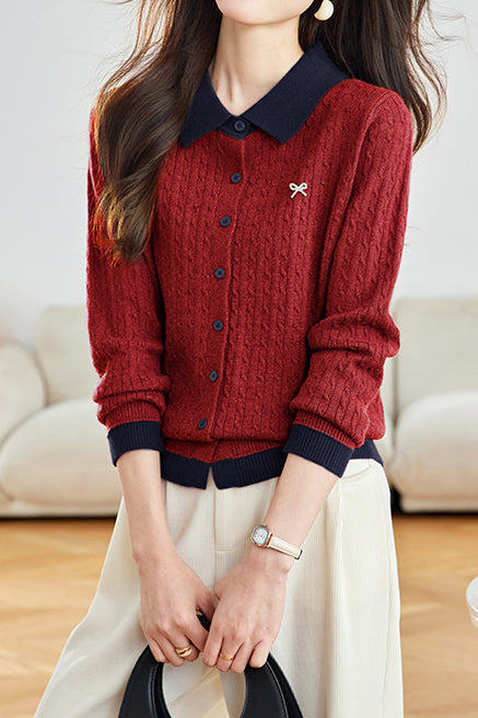 Lässiger Farbblock-Kragen Kabelstrick-Cardigan