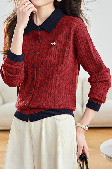 Lässiger Farbblock-Kragen Kabelstrick-Cardigan