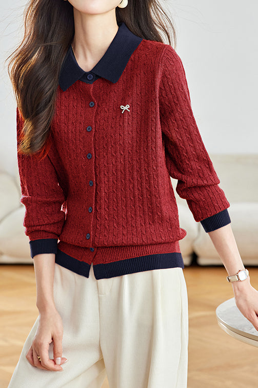 Lässiger Farbblock-Kragen Kabelstrick-Cardigan