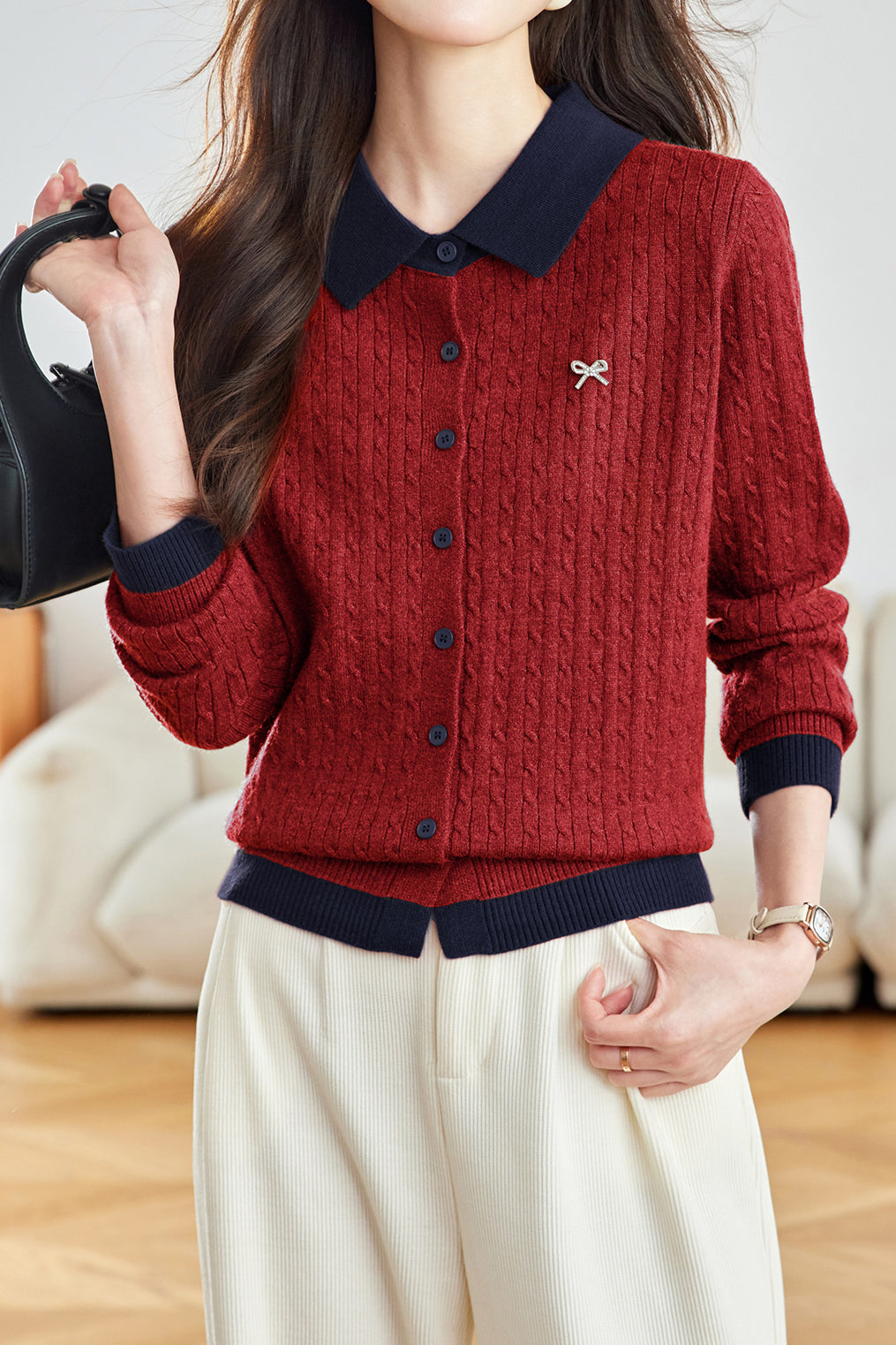 Lässiger Farbblock-Kragen Kabelstrick-Cardigan