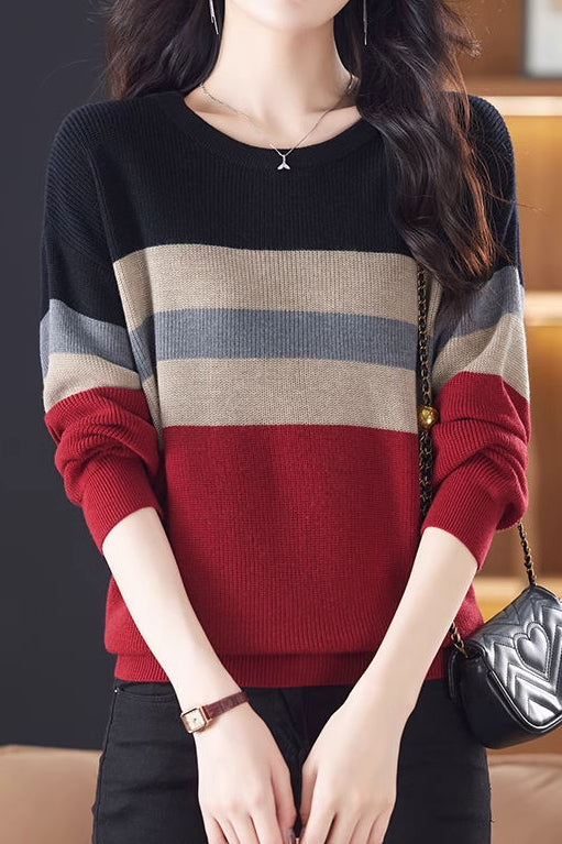Lässiger Rundhals-Farbblock gestreifter Pullover mit langen Ärmeln