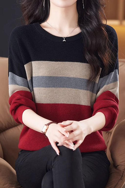 Lässiger Rundhals-Farbblock gestreifter Pullover mit langen Ärmeln