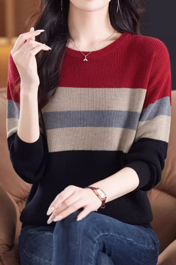 Lässiger Rundhals-Farbblock gestreifter Pullover mit langen Ärmeln