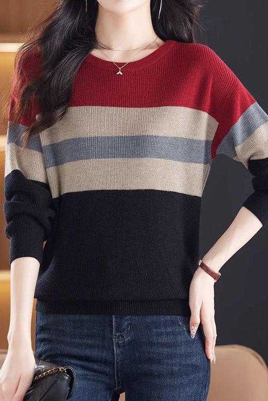 Lässiger Rundhals-Farbblock gestreifter Pullover mit langen Ärmeln