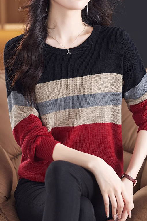 Lässiger Rundhals-Farbblock gestreifter Pullover mit langen Ärmeln