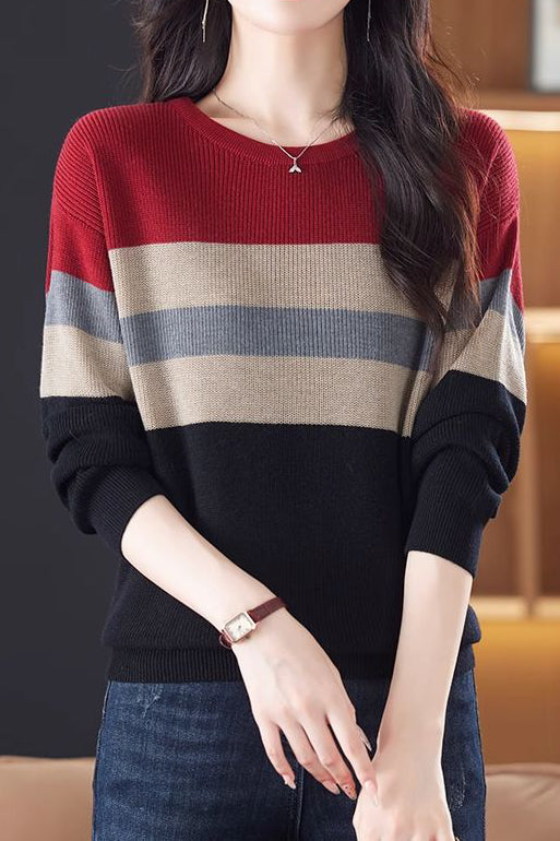 Lässiger Rundhals-Farbblock gestreifter Pullover mit langen Ärmeln