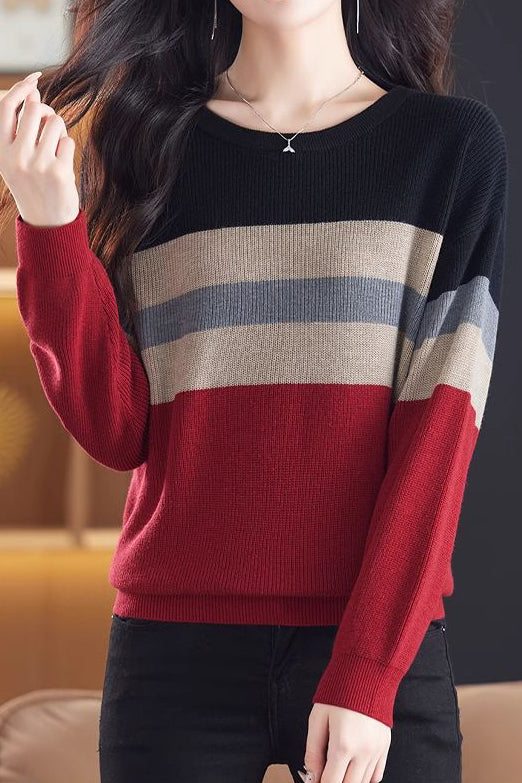 Lässiger Rundhals-Farbblock gestreifter Pullover mit langen Ärmeln