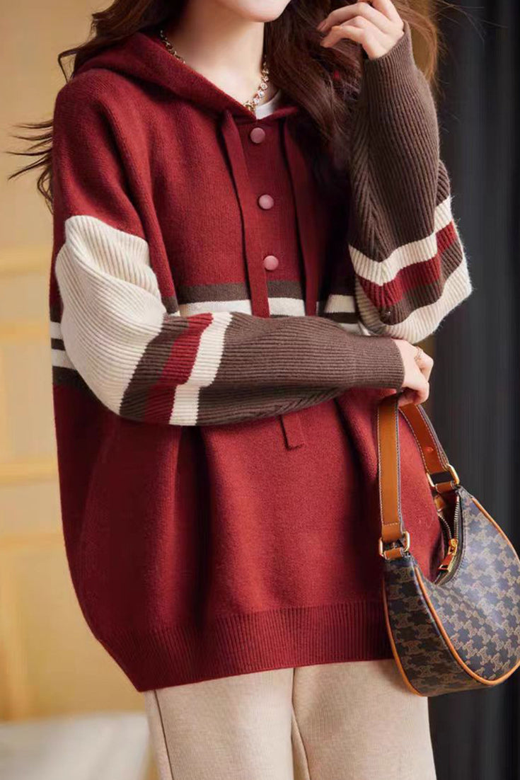 Farbblock gestreifter Kapuzenpullover mit Kordelzug