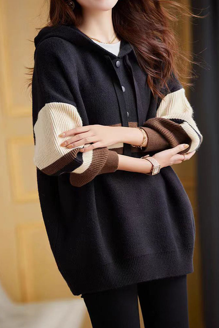 Farbblock gestreifter Kapuzenpullover mit Kordelzug