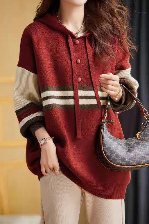 Farbblock gestreifter Kapuzenpullover mit Kordelzug