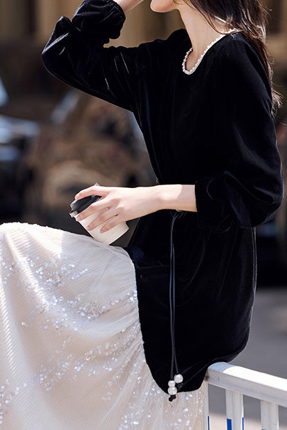 Elegantes Farbblock-Pearl-Krawatte-Velvet-Kleid