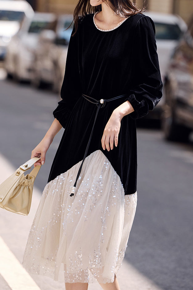 Elegantes Farbblock-Pearl-Krawatte-Velvet-Kleid