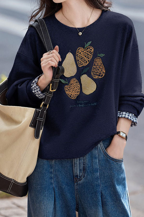 Lässiger Pullover Hoodie mit Obstprint und Karomuster