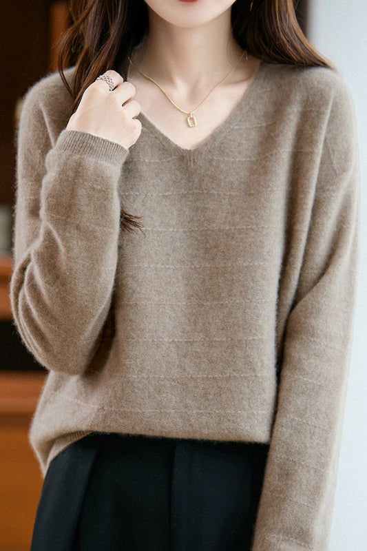 Minimalistischer V-Ausschnitt Langarm-Pullover Strickoberteil