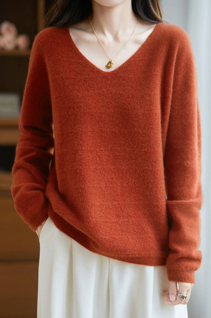 Minimalistischer V-Ausschnitt Langarm-Pullover Strickoberteil