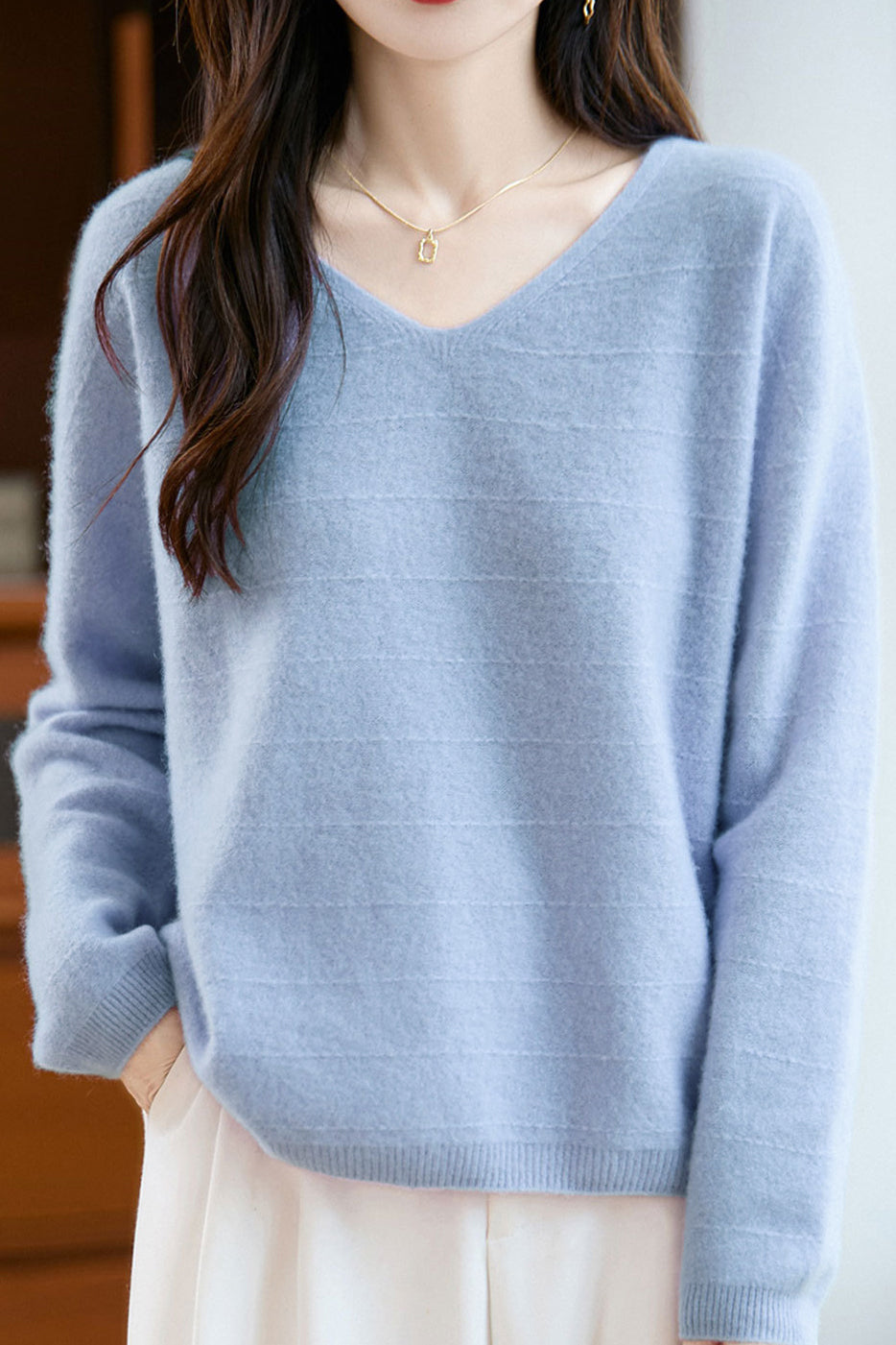 Minimalistischer V-Ausschnitt Langarm-Pullover Strickoberteil