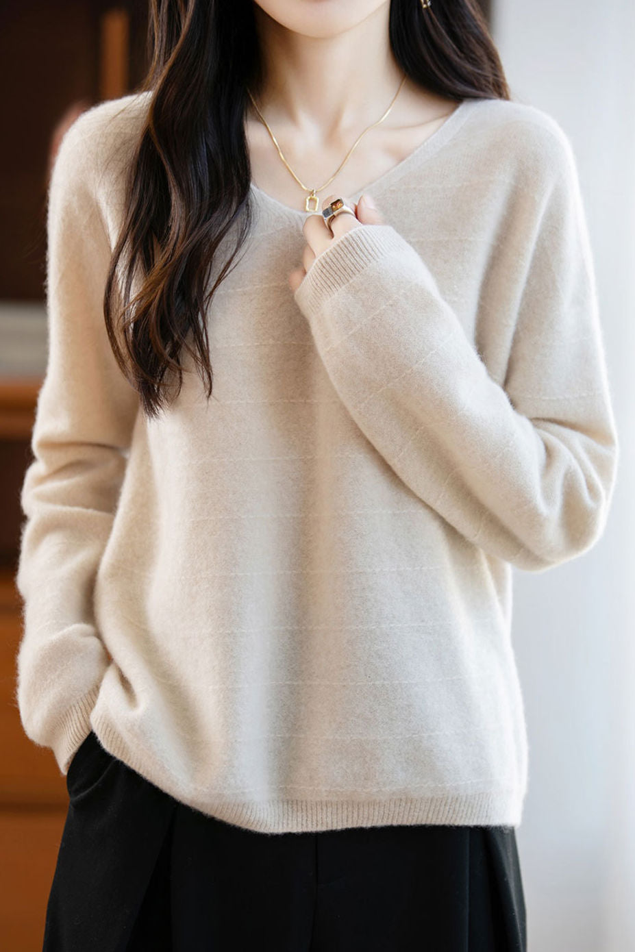 Minimalistischer V-Ausschnitt Langarm-Pullover Strickoberteil