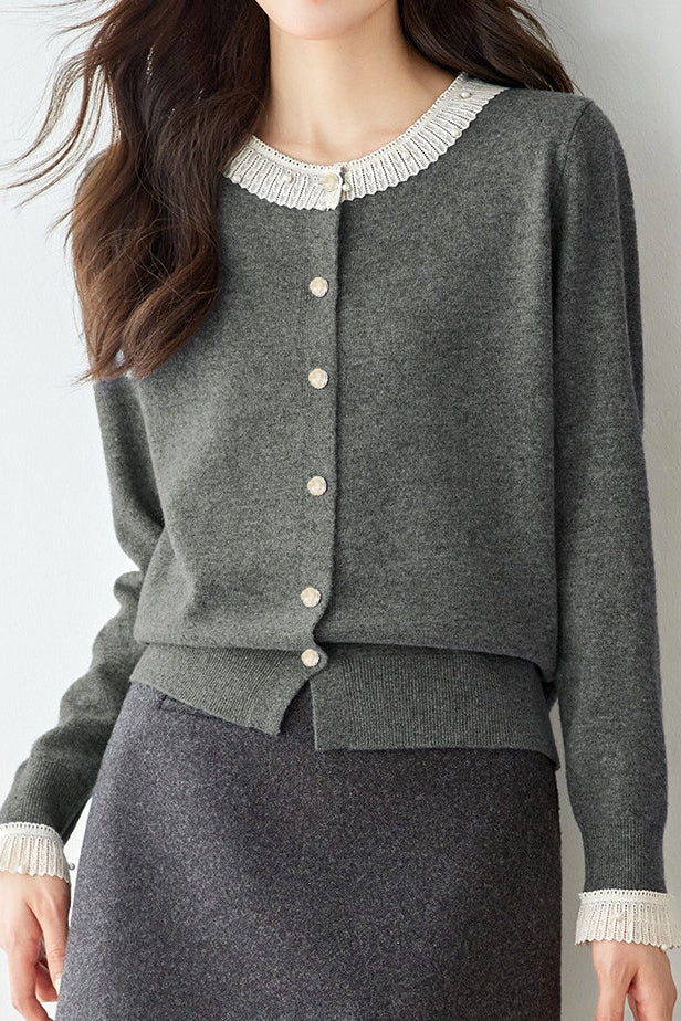 Exquisite elegante Spitzen-Perlen-Strickjacke