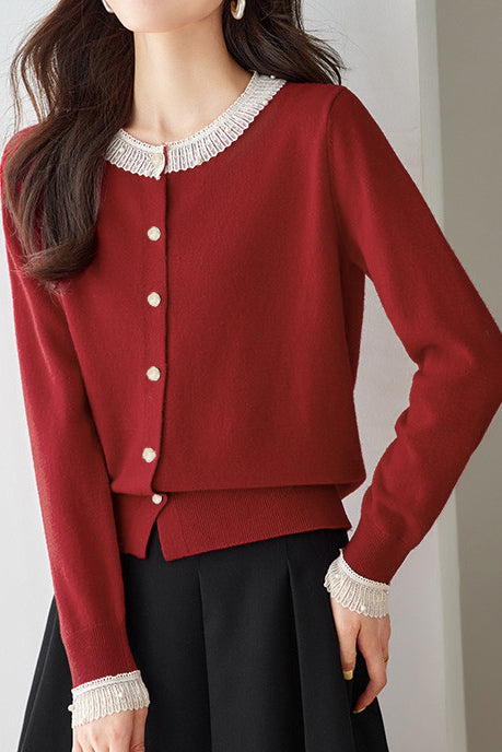 Exquisite elegante Spitzen-Perlen-Strickjacke