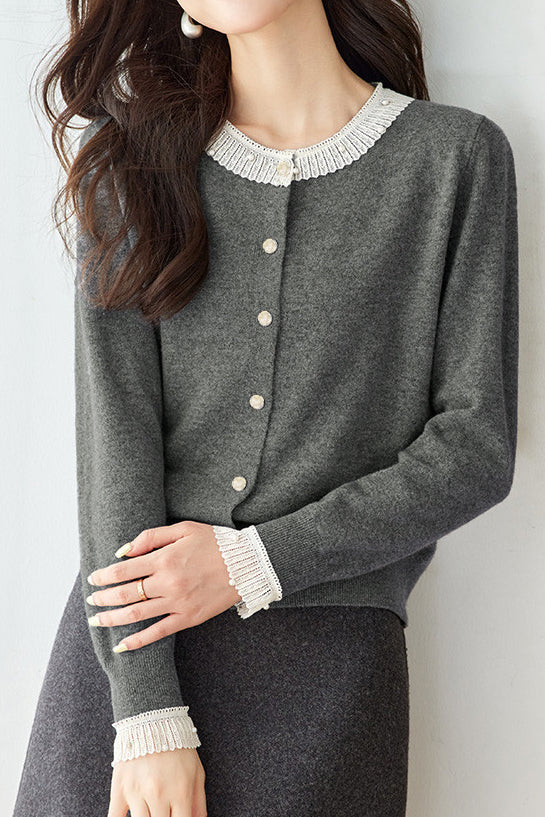 Exquisite elegante Spitzen-Perlen-Strickjacke