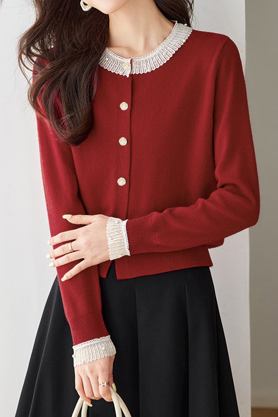 Exquisite elegante Spitzen-Perlen-Strickjacke