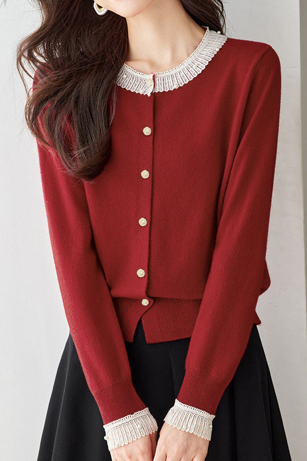 Exquisite elegante Spitzen-Perlen-Strickjacke