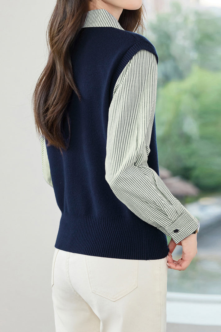 Minimalistischer gestreifter Revers Pullover Fake-Zweiteiler Stricktop