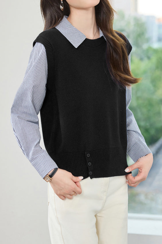 Minimalistischer gestreifter Revers Pullover Fake-Zweiteiler Stricktop