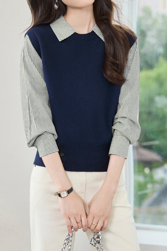 Minimalistischer gestreifter Revers Pullover Fake-Zweiteiler Stricktop