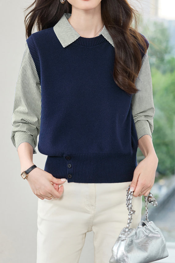 Minimalistischer gestreifter Revers Pullover Fake-Zweiteiler Stricktop