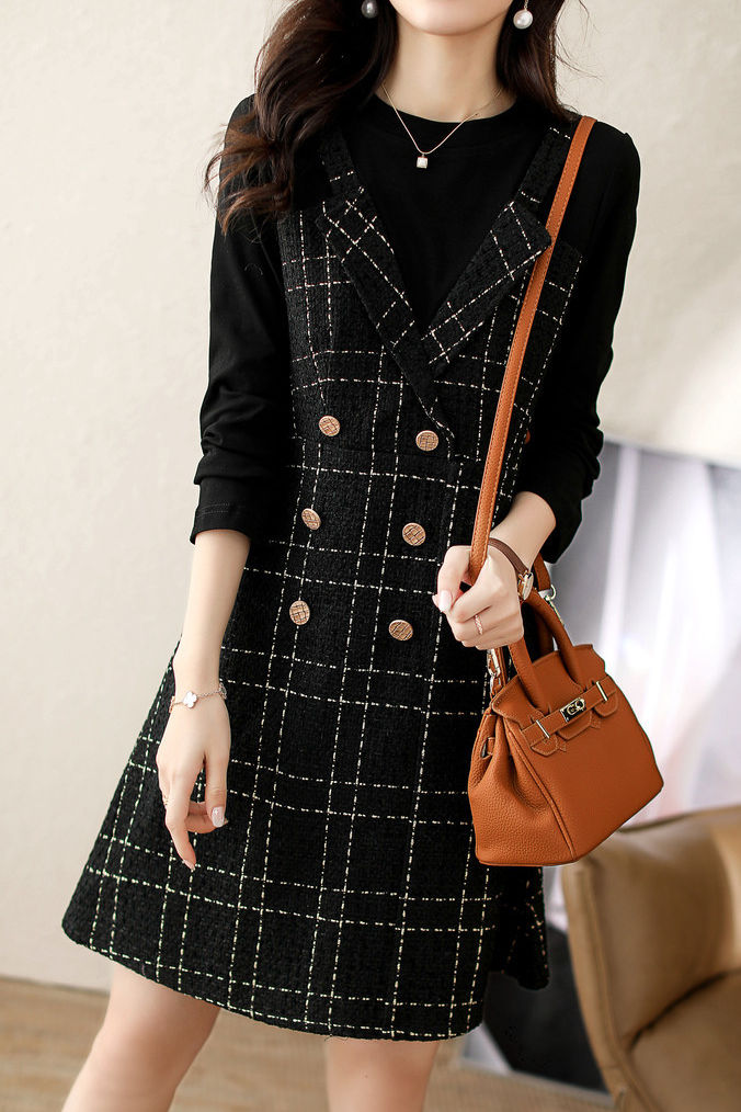 Exquisites elegantes Fake-Zweiteiler-Karomuster-Kleid mit langen Ärmeln