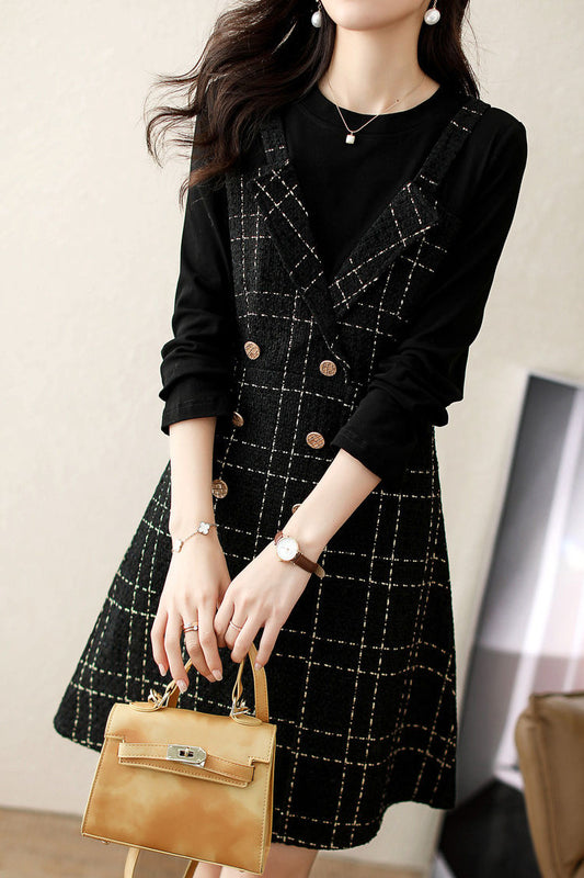Exquisites elegantes Fake-Zweiteiler-Karomuster-Kleid mit langen Ärmeln