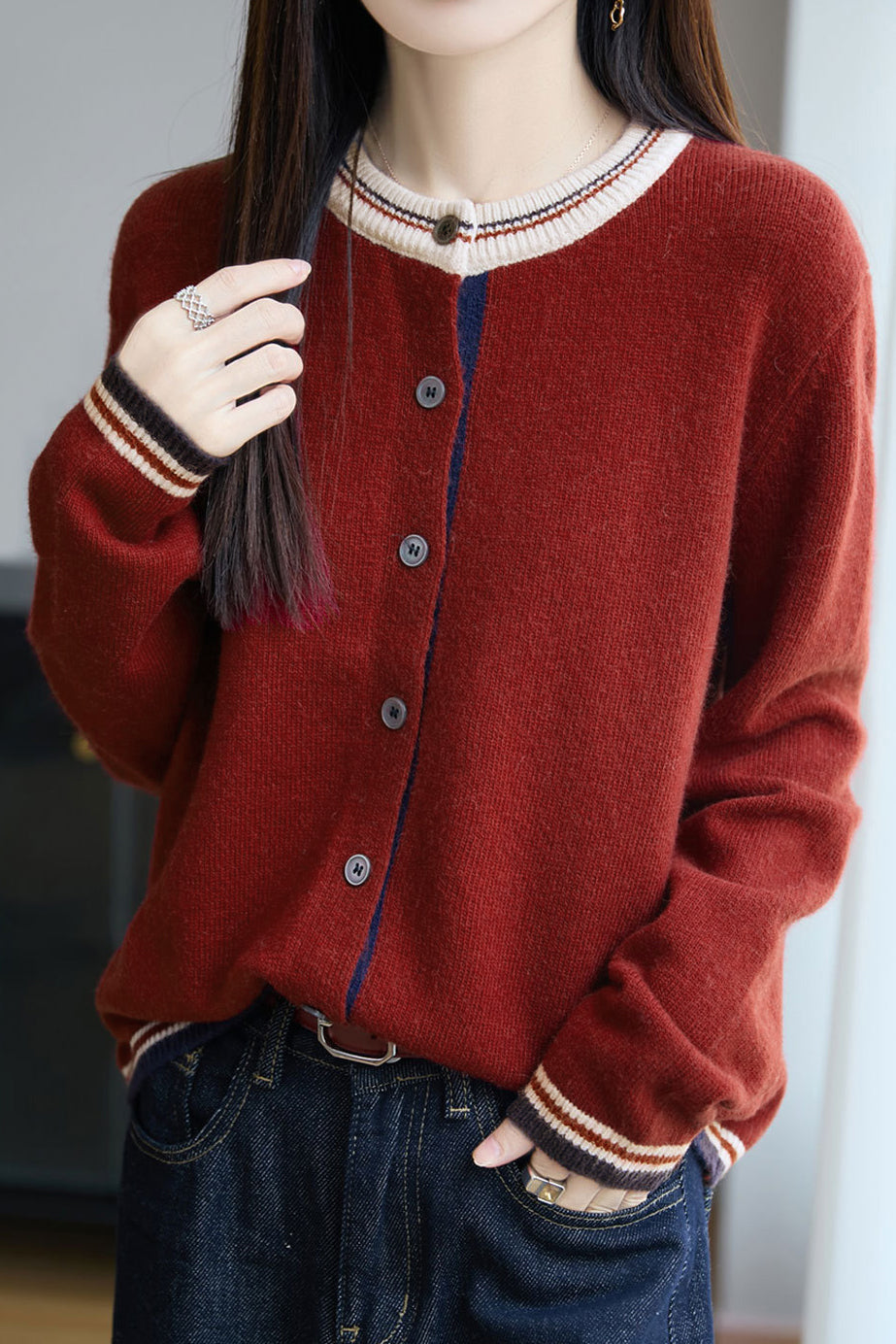 Lässiger vielseitiger Rundhals-Farbblock loser Strickcardigan