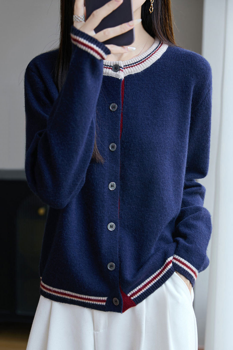 Lässiger vielseitiger Rundhals-Farbblock loser Strickcardigan