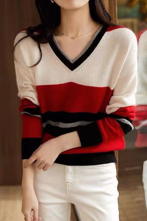 Lässiger vielseitiger V-Ausschnitt Pullover mit Farbblock und Streifen