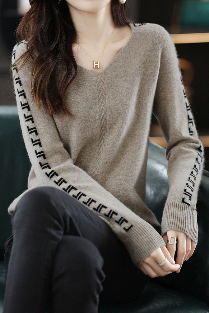 Lässiger Farbblock Buchstabe V-Ausschnitt Pullover