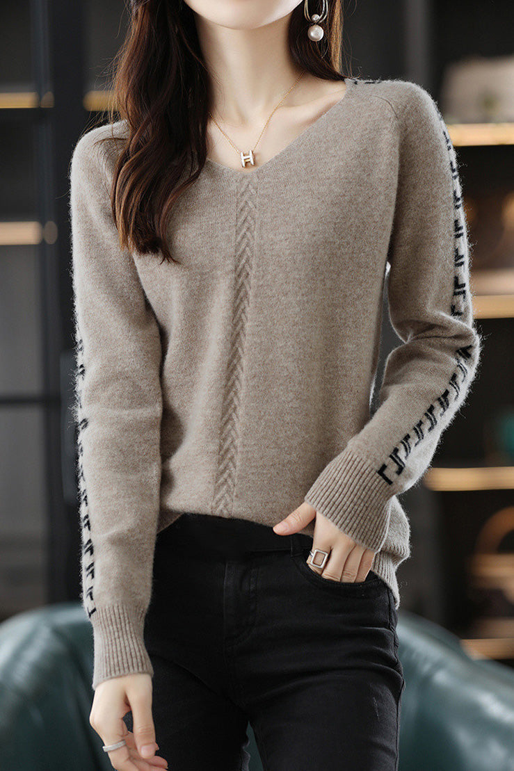 Lässiger Farbblock Buchstabe V-Ausschnitt Pullover