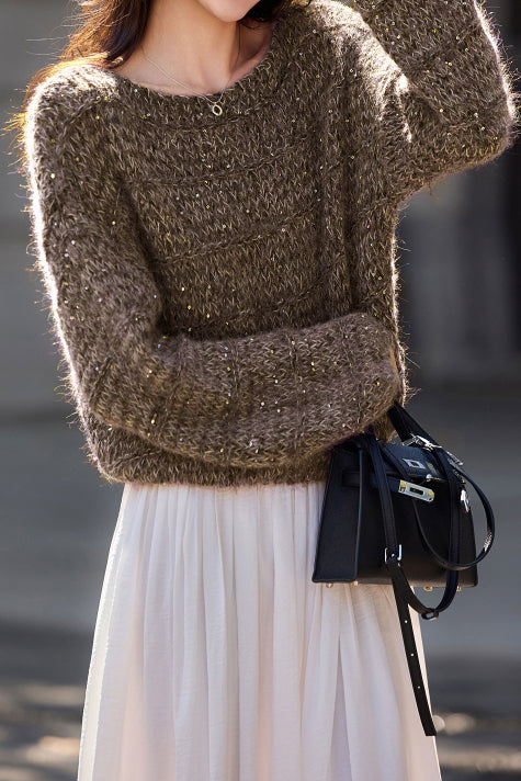 Lässiger vielseitiger Pailletten Rundhalsausschnitt Pullover