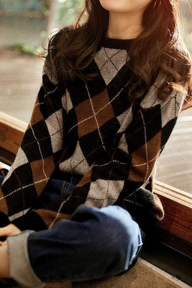 Lässiger Rundhals Farbblock Argyle Pullover Gestricktes Oberteil