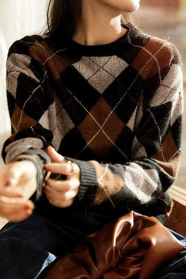 Lässiger Rundhals Farbblock Argyle Pullover Gestricktes Oberteil