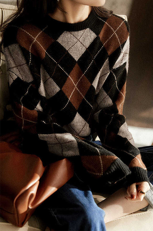Lässiger Rundhals Farbblock Argyle Pullover Gestricktes Oberteil